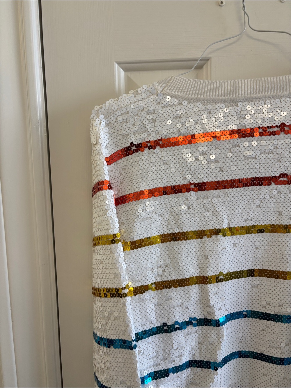 Queen of Sparkles Sequin Tiger Stripe Sweater in White with Rainbow Stripes - Picture 11 of 12